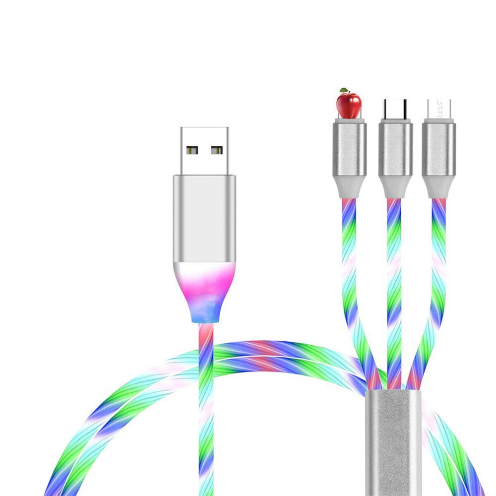 4PCS 1m LED Flowing Light Up 3 in 1 Charging Cable, Micro Type-C iPhone Cable