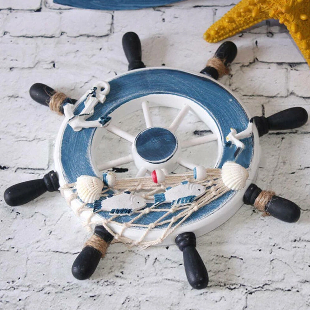 Wooden Ship Wheel Wall Decor, 23cm Nautical Steering Wheel with Blue Spokes for Beach House