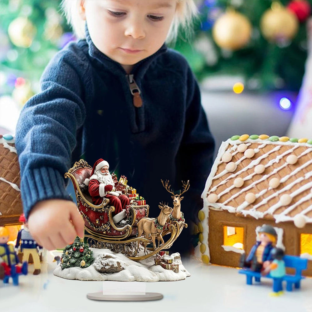 2D Santa Claus & Reindeer Sleigh Acrylic Tabletop Decor - 25x25cm Festive Stand Ornament