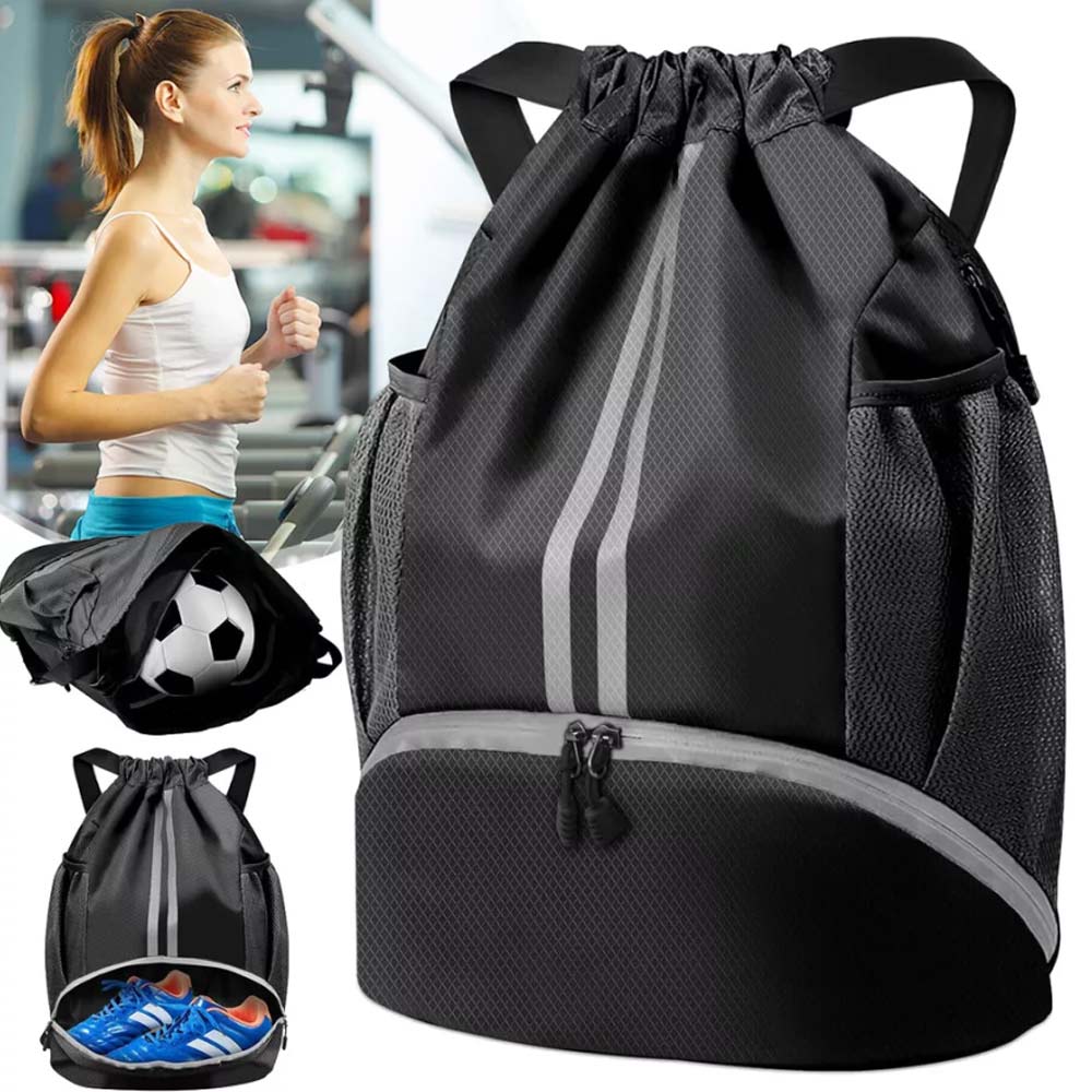 Waterproof PE Backpack Drawstring Sports Backpack Gym Bag with Shoe Compartment