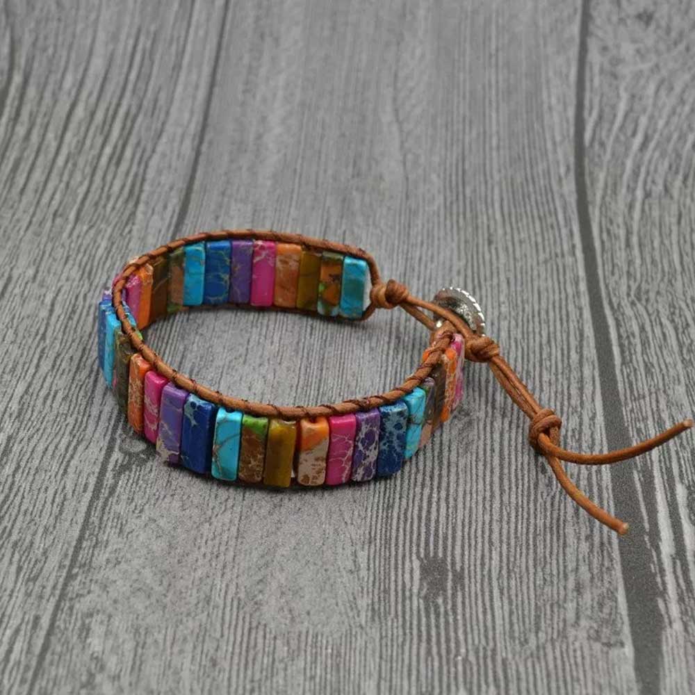 7 Chakra Bracelet Handmade Natural Stone Tube Beads Leather Wrap Women Bangle