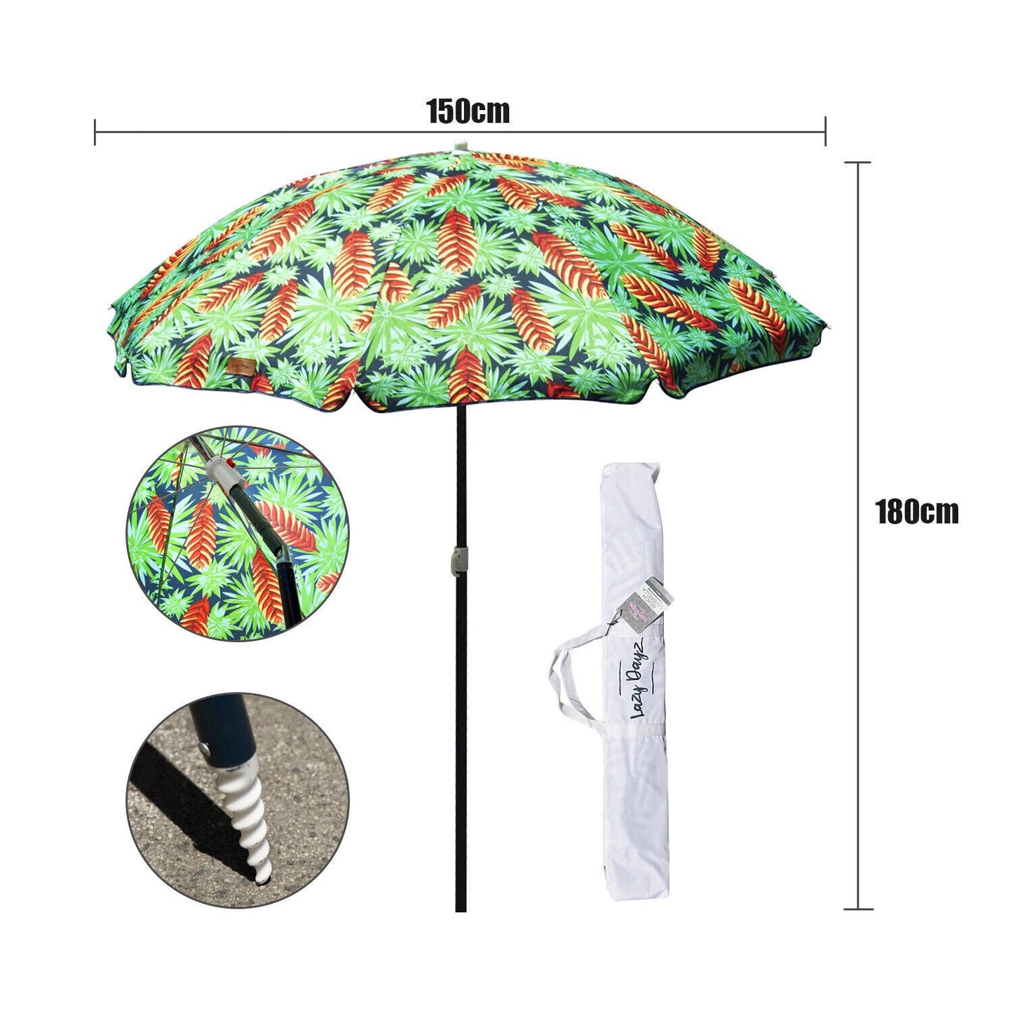 Lazy Dayz 1.8m Tiltable Beach Umbrella with Carry Bag - Mossman